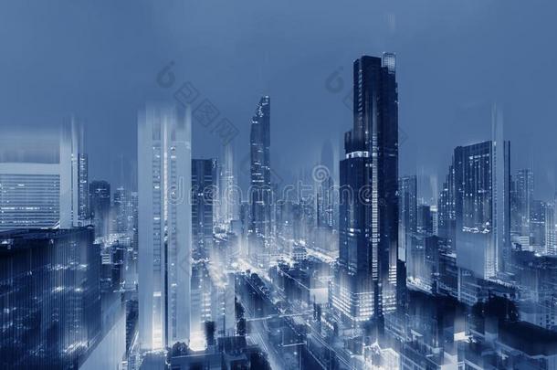 未来的蓝色扇形棕榈细纤维城市,未来的城市背景