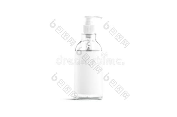 空白的透明的玻璃泵瓶子和白色的标签愚弄在上面