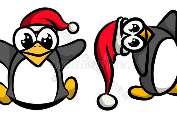 两个有趣的和<strong>扭动</strong>企鹅采用圣诞节帽子采用矢量汽车