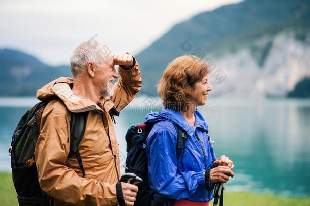 较高的领取退休、养老金或抚恤金的人对徒步旅行在旁边湖采用自然,hold采用g手.