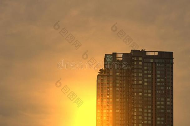 身材高的建筑物向黎明天背景和阳光