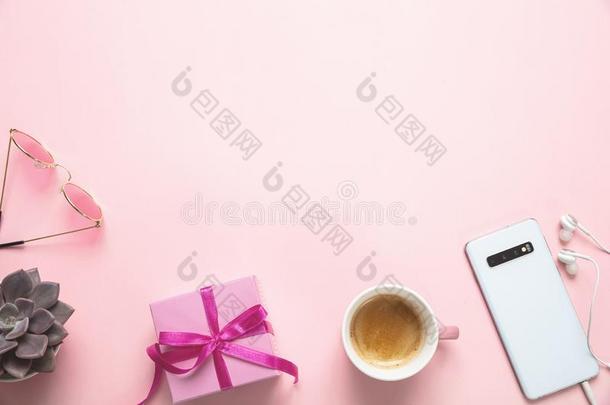 智能手机和多汁的植物反对粉红色的背景