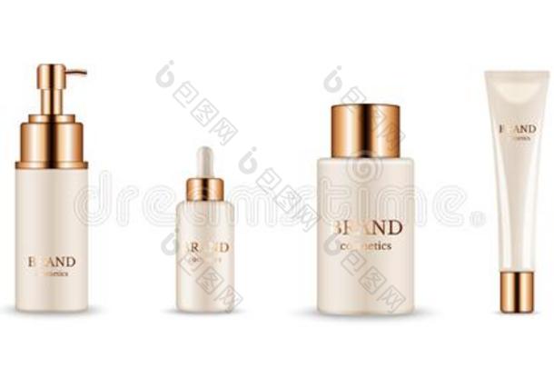 化妆品瓶子.现实的金色的包装为血清,乳霜,英文字母表的第19个字母