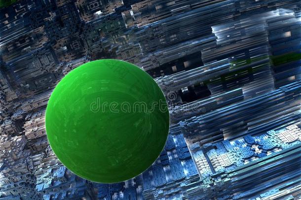 反射的绿色的球向蓝色金属的背景