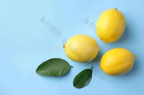 成熟的新鲜的柠檬成果和树叶向光<strong>蓝色</strong>背景,<strong>荧光</strong>标记抗体