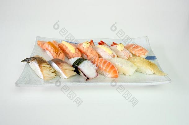 日本人寿司生鱼片寿司关于鲑鱼,虾,菲律宾香蕉,所以,乌贼,恩加
