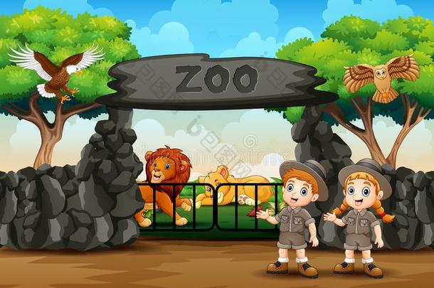 动物园管理员和野生的动物在动物园入口illustr在ion