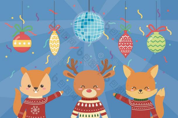 愉快的圣诞节庆祝漂亮的松鼠驯鹿和狐社交聚会
