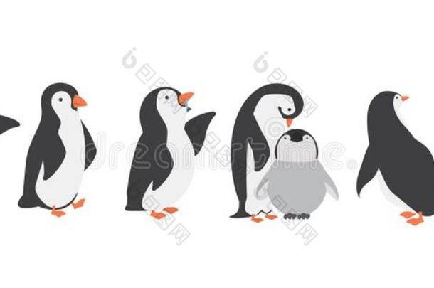 幸福的企鹅字符采用不同的使摆姿势放置