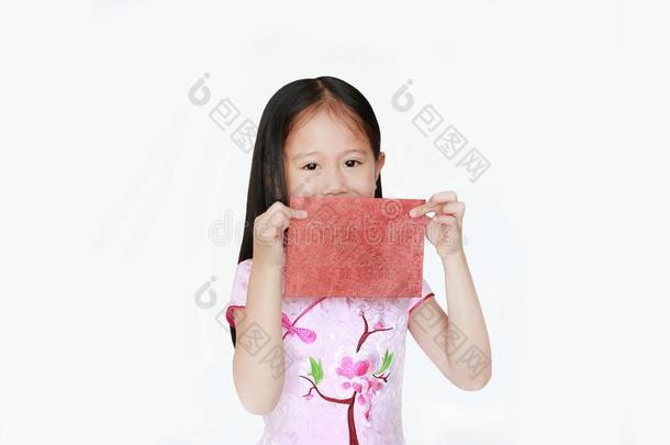 幸福的小的亚洲人小孩女孩使人疲乏的粉红色的<strong>传统</strong>的<strong>旗袍</strong>