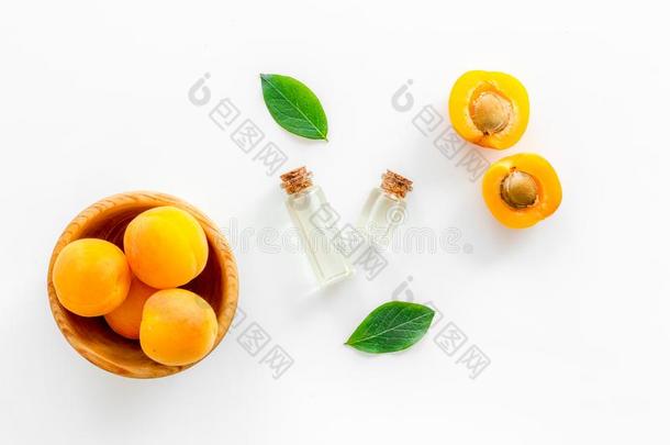 杏核心油经过杏和树叶向白色的背景