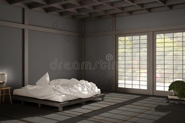禅日本人空的极简抽象艺术的卧室,木制的屋顶,榻榻米地面