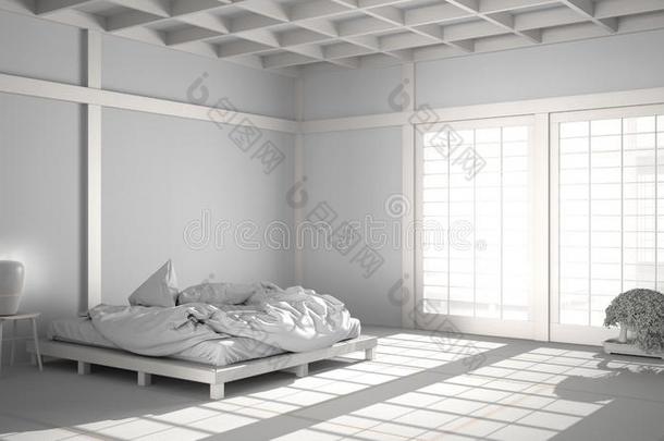 总计的白色的放映汇票,禅日本人空的极简抽象艺术的卧室
