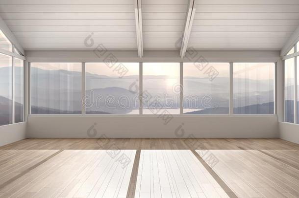 空的房间内部设计,敞开的空间和木制的屋顶和标准
