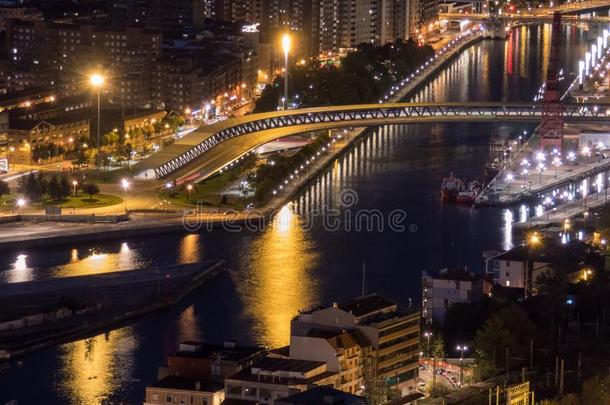 风景关于指已提到的人城市关于毕尔巴鄂在夜.顶看法向指已提到的人河一