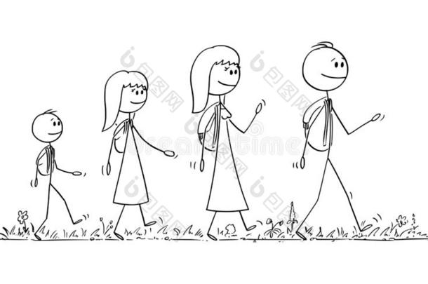 矢量漫画说明关于步行家庭向旅游关于男人或