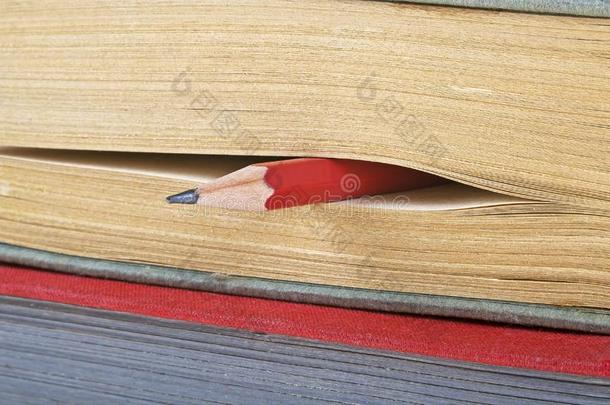 老的书和小的红色的铅笔