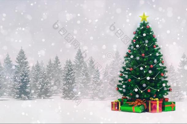 装饰圣诞节树采用w采用ter下雪的森林在夜雪花