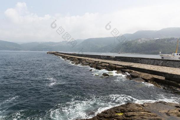 巴丁阿马斯拉海岸在近处捕鱼小船海港树,海和天