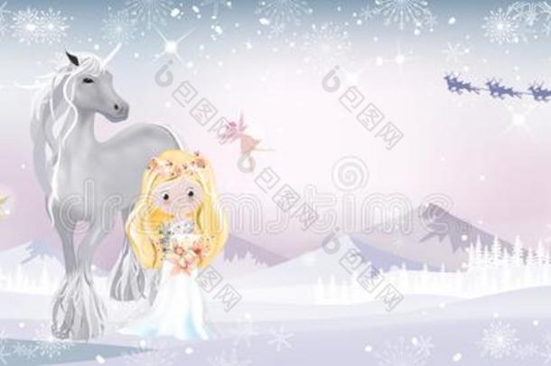 幻想风景冬仙境和漂亮的公主和尤尼科