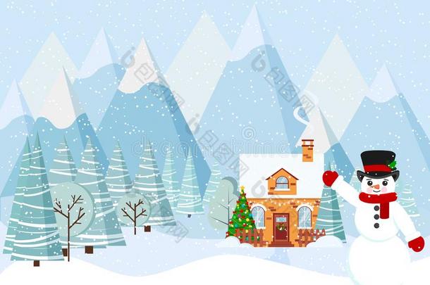 圣诞节冬风景和<strong>雪人</strong>,装饰房屋,烟