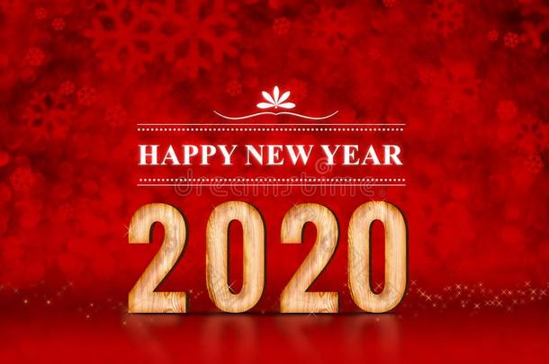 幸福的新的年2020数字在红色的雪花发火花的焦外成像闲逛