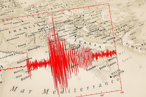 红色的地震的波浪越过意大利地图