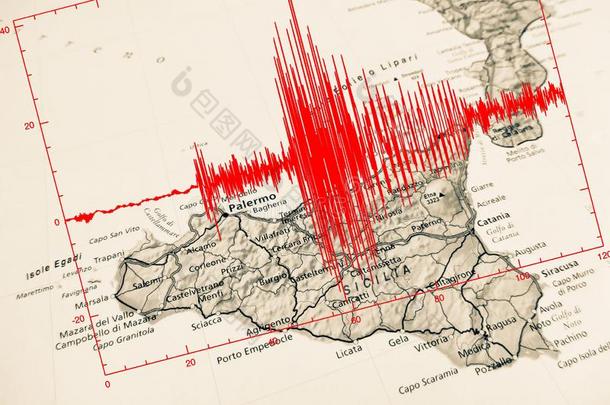 红色的地震的波浪越过西西里岛地图