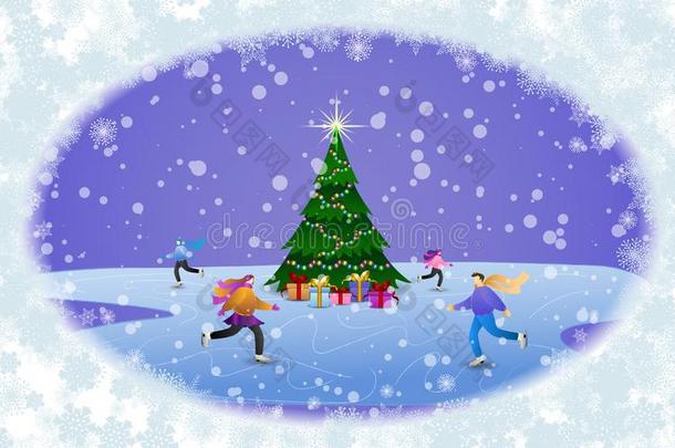平的方式人溜冰向指已提到的人溜冰场在假日.富有色彩的温特
