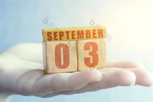 九月3reduction减少.一天3关于月,手工做的木材立方形和日期月