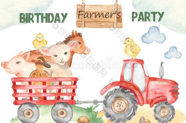水彩卡片漂亮的农场和羔羊,鸡,拖拉机,猪,horizontal水平的