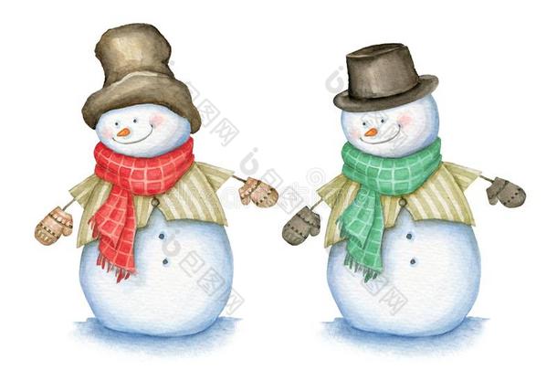 雪人和帽子,围巾和连指手套隔离的向白色的背景