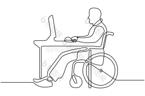 连续的线条绘画关于无力男人坐向轮椅使工作