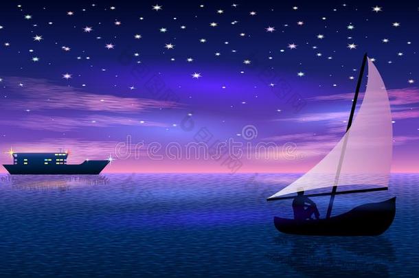 小船在夜布满星星的天和粉红色的云