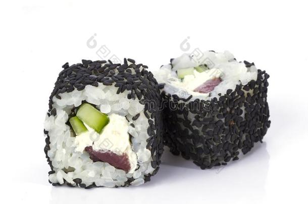寿司名册日本人食物向白色的背景.菜单关于指已提到的人黑色亮漆