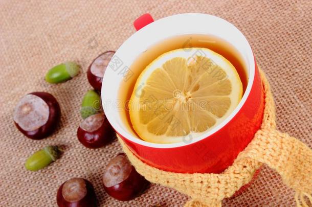 杯子关于茶水和柠檬有<strong>包装</strong>的羊毛制的<strong>围巾</strong>和秋装饰