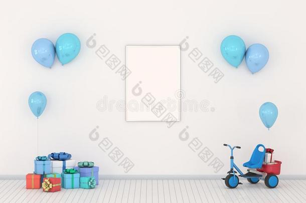 愚弄在上面帆布海报照片和蓝色气球,自行车和英语字母表的第7个字母