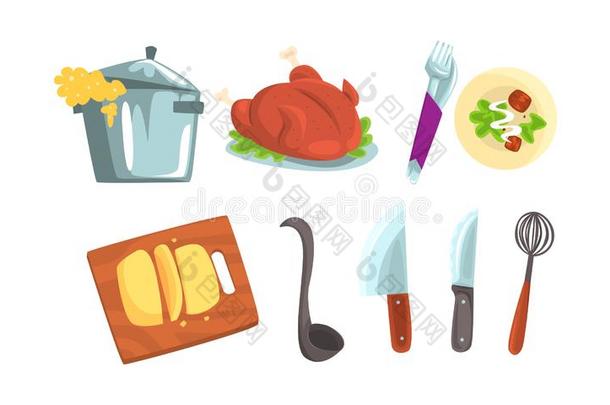 烹饪术过程矢量有插画的报章杂志放置.厨房用具和serve的过去式英语字母表中的第四个字母