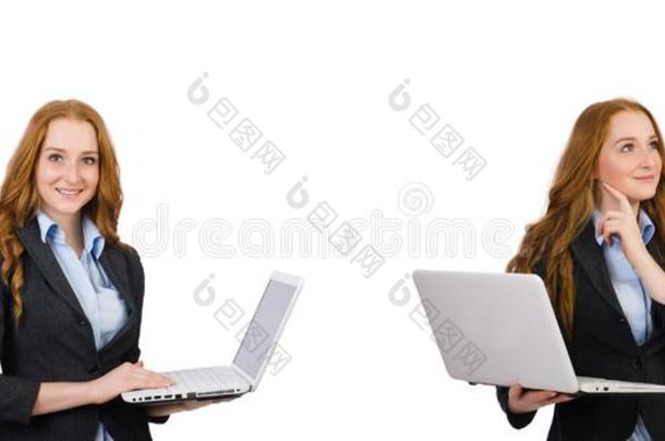 女商人和便携式电脑隔离的向白色的