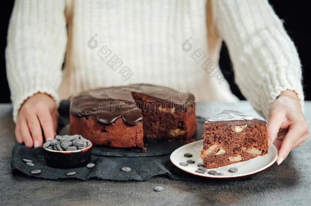 传统的意大利人巧克力蛋糕和苹果和樟属植物