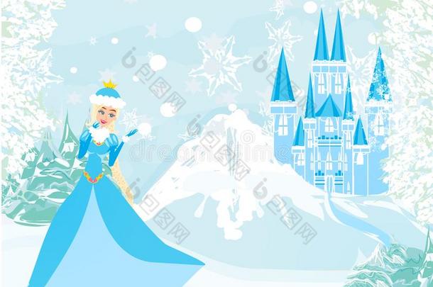 冬风景和城堡和美丽的公主