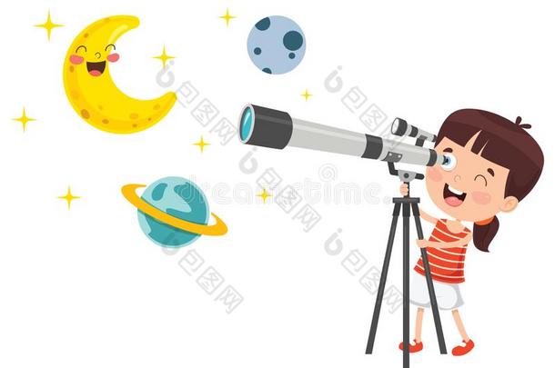 小孩使用望远镜为天文学的研究