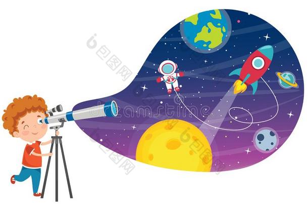 小孩使用望远镜为天文学的研究