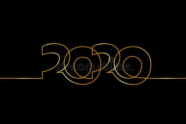 2020新的年单一的连续的线条艺术.金色的黑的假日英语字母表的第7个字母