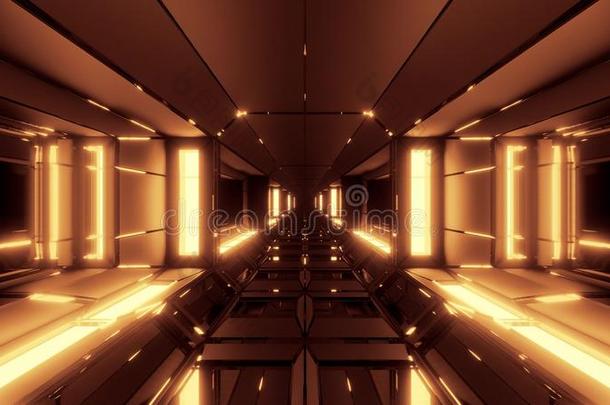未来的科幻小说空间飞机库隧道走廊和灼热的光