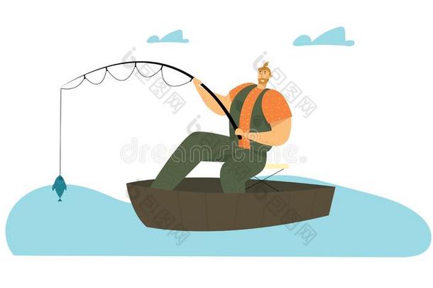 男人捕鱼采用小船向镇定的湖或河在夏一天.Relax采用