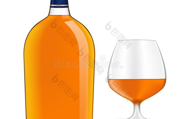 瓶子关于白兰地酒和窄口的酒杯