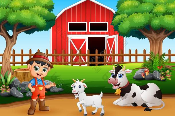 农场景色和不同的动物和农场主采用指已提到的人农家宅院