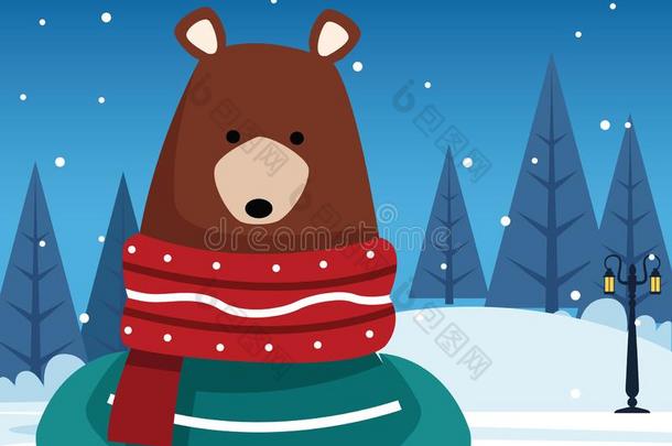 愉快的圣诞节设计和灰白头发的熊和围巾和毛衣