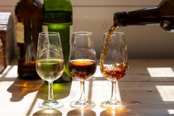 雪利酒葡萄酒尝味,选择关于不同的赫雷斯加强的葡萄酒